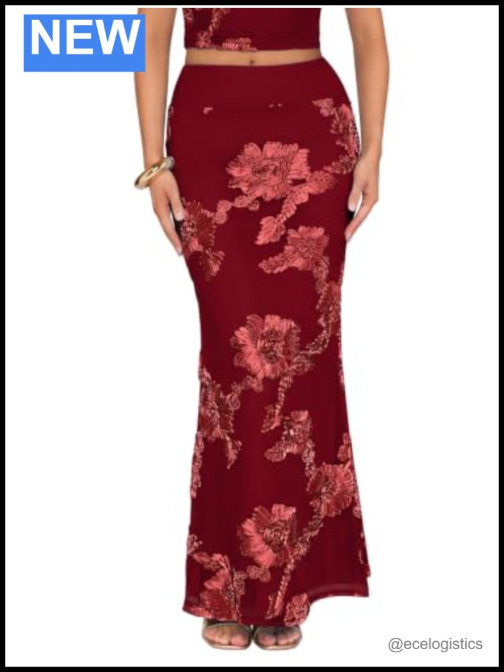 Floral Mesh Maxi Skirt High Waist Elastic Embroidered Sheer Evening